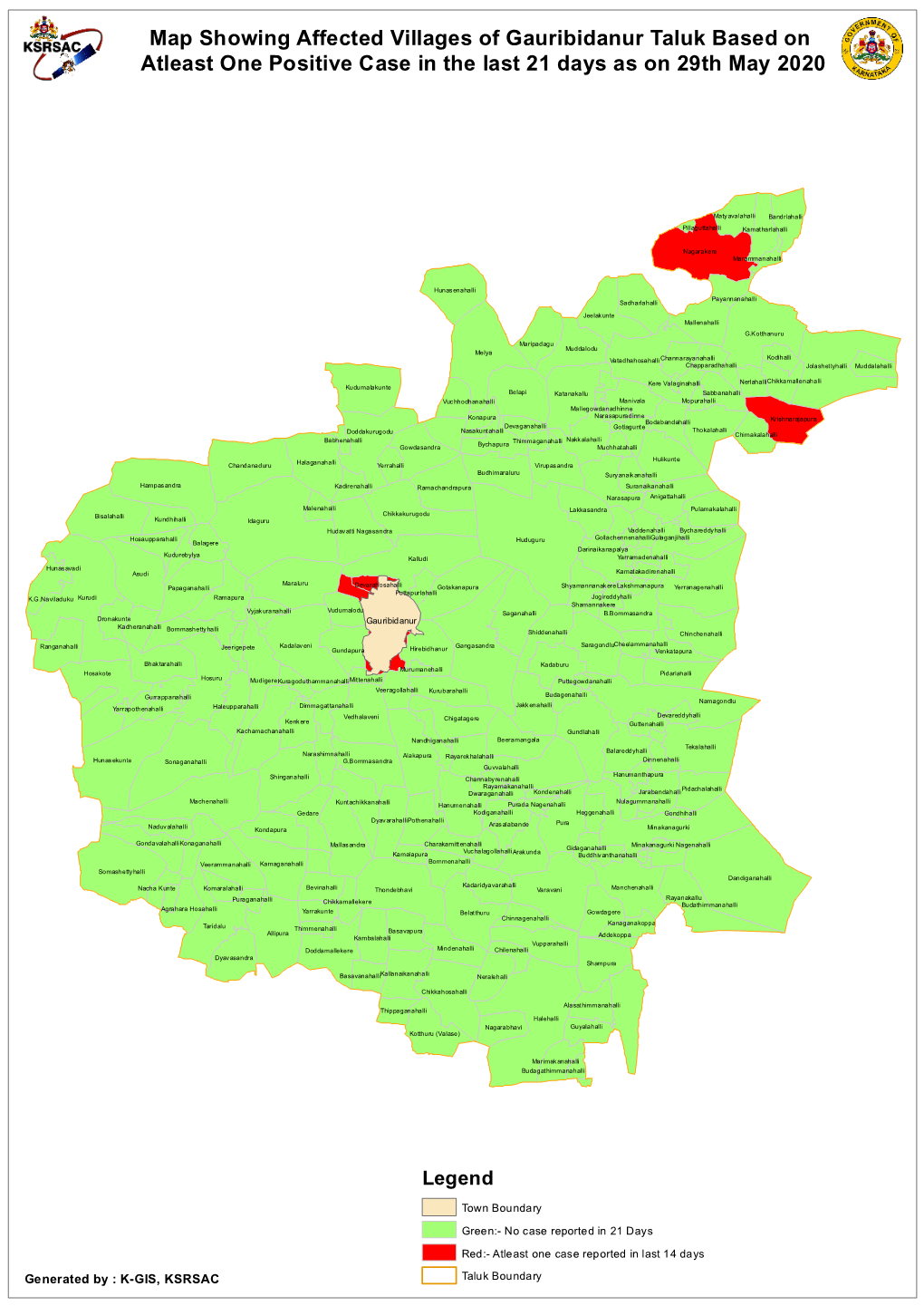 Map Showing Affected Villages of Gauribidanur Taluk Based on Atleast One Positive Case in the Last 21 Days As on 29Th May 2020