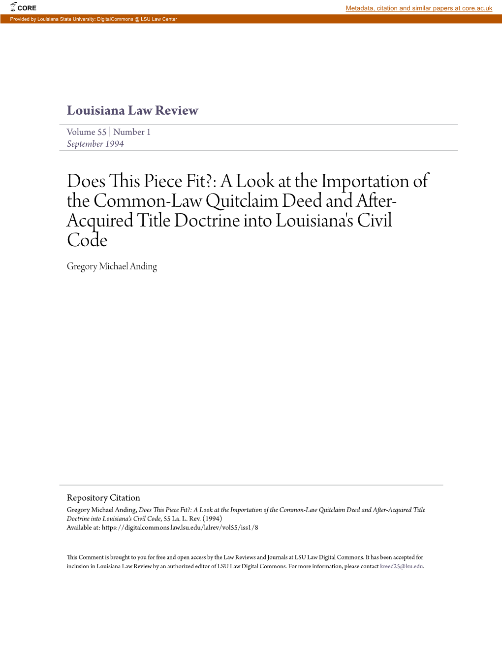A Look at the Importation of the Common-Law Quitclaim Deed and After- Acquired Title Doctrine Into Louisiana's Civil Code Gregory Michael Anding