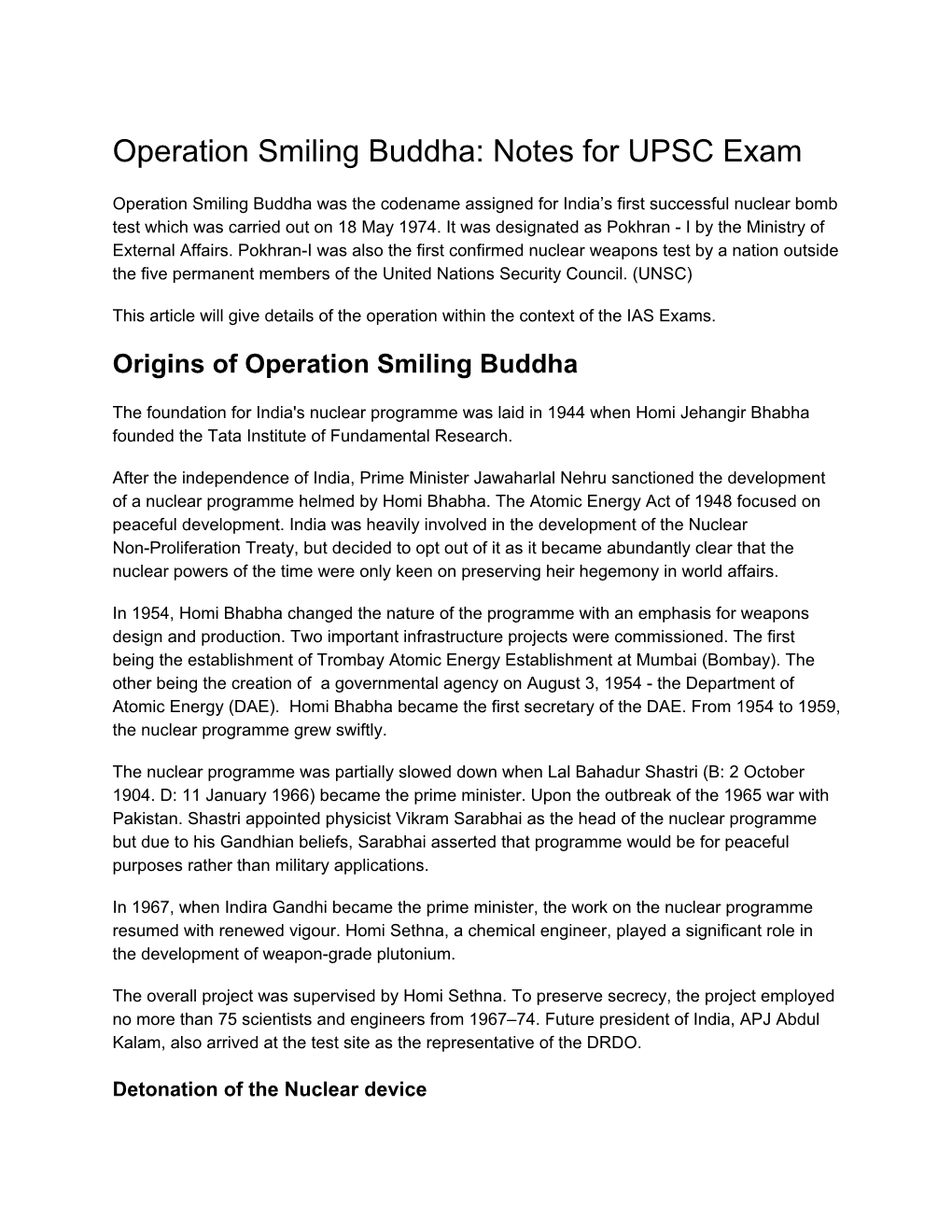 Operation Smiling Buddha: Notes for UPSC Exam