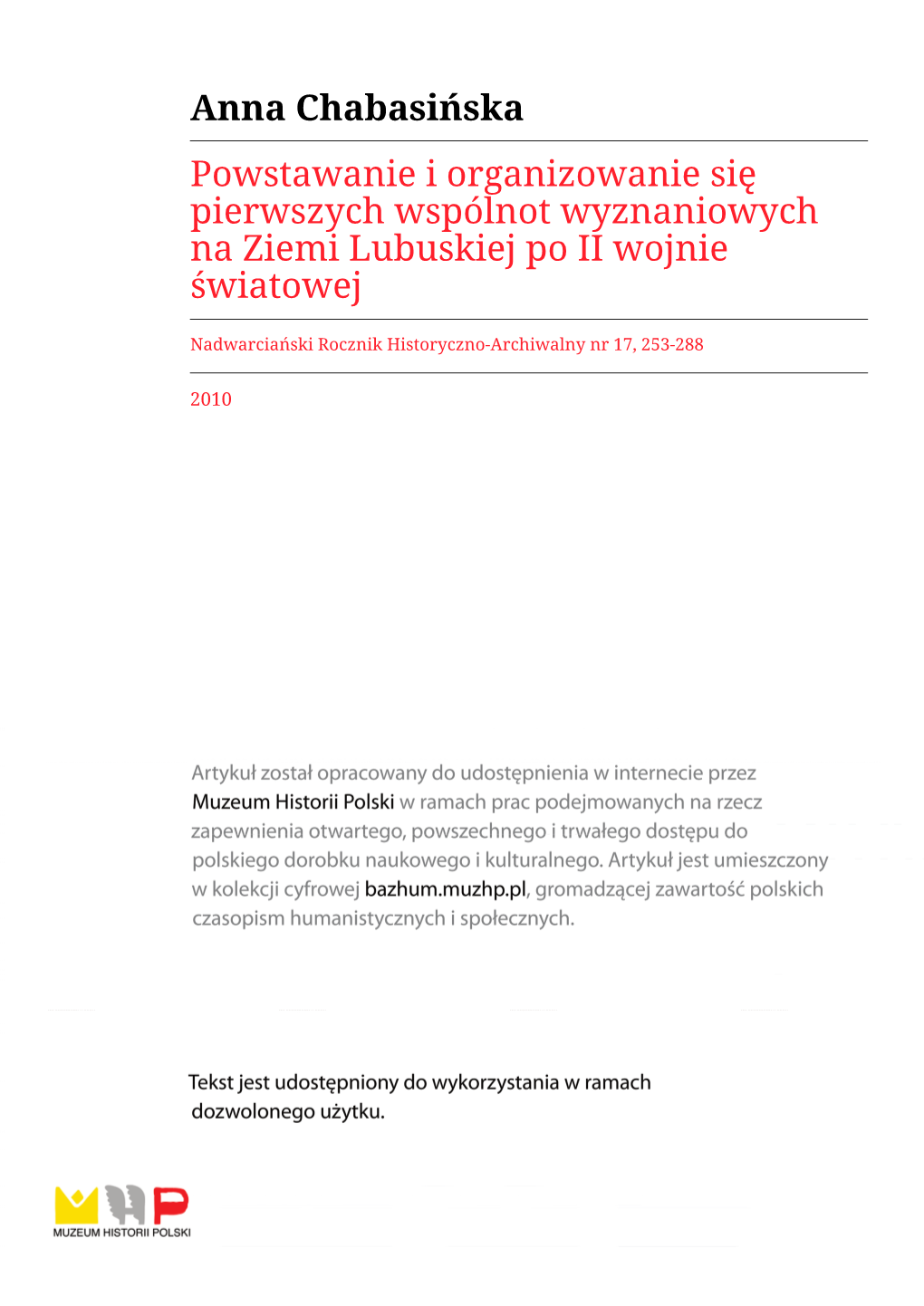 Anna Chabasińska Powstawanie I Organizowanie Się Pierwszych Wspólnot Wyznaniowych Na Ziemi Lubuskiej Po II Wojnie Światowej