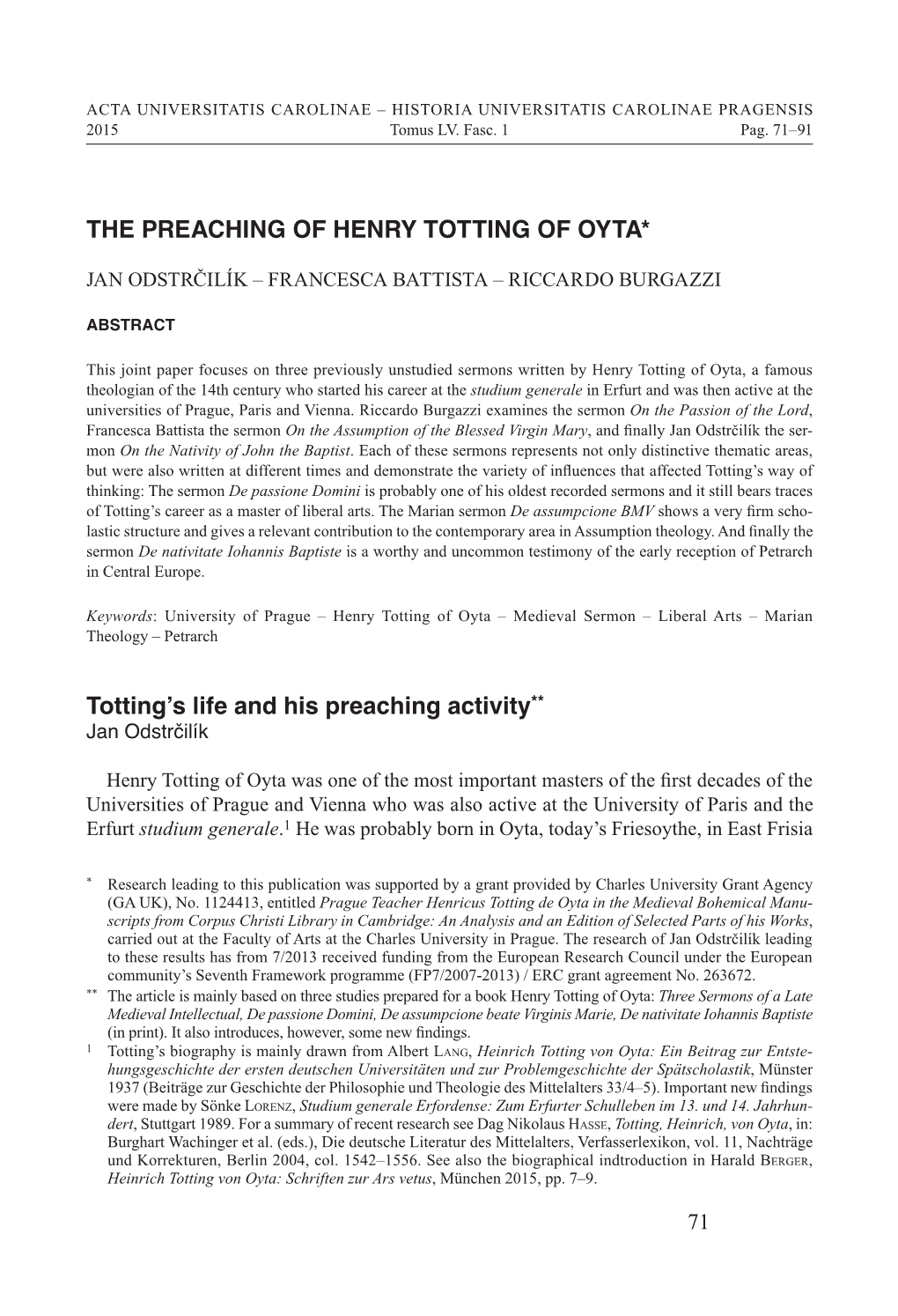 THE PREACHING of HENRY TOTTING of OYTA* Totting's Life