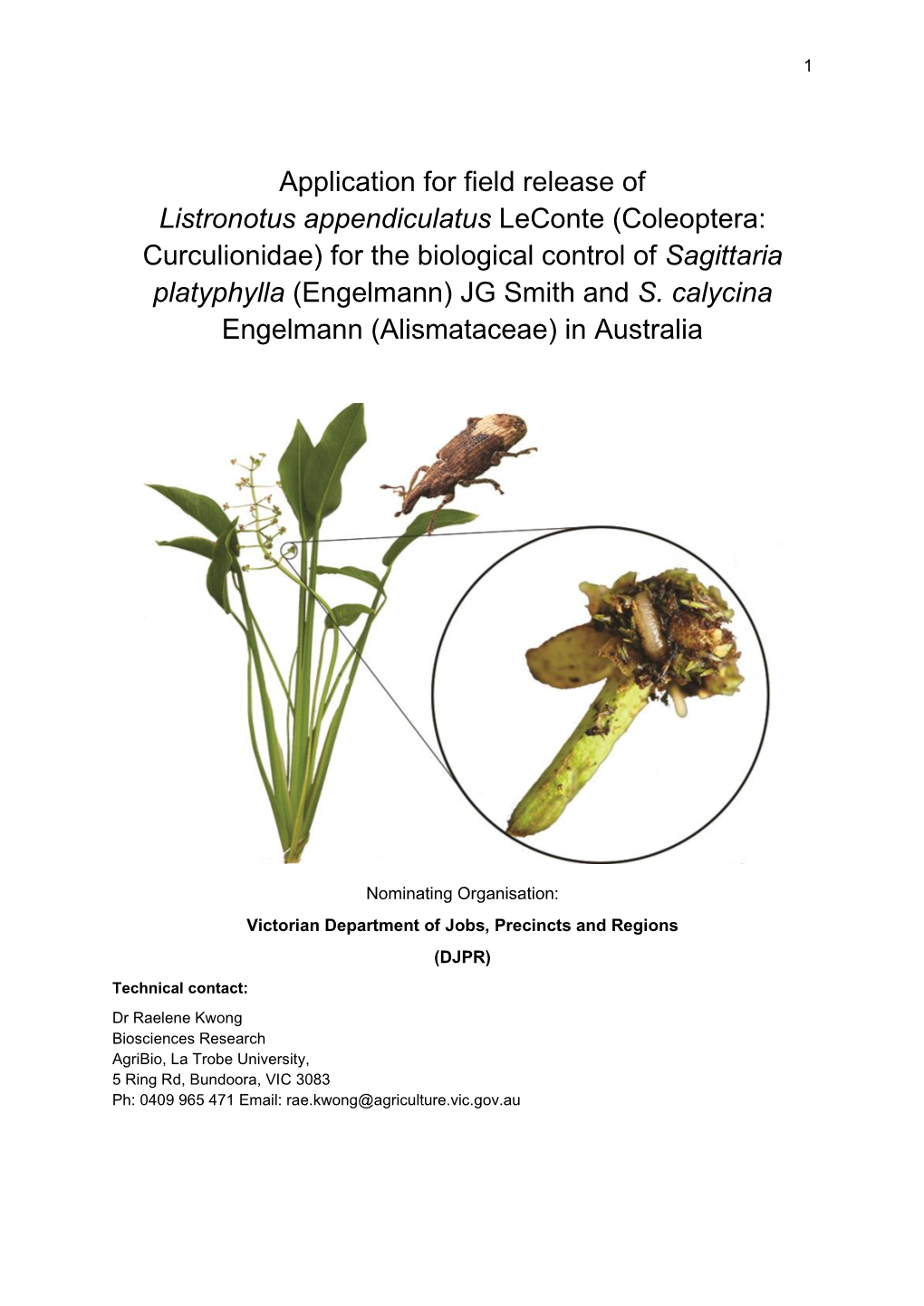 Application for Field Release of Listronotus Appendiculatus Leconte