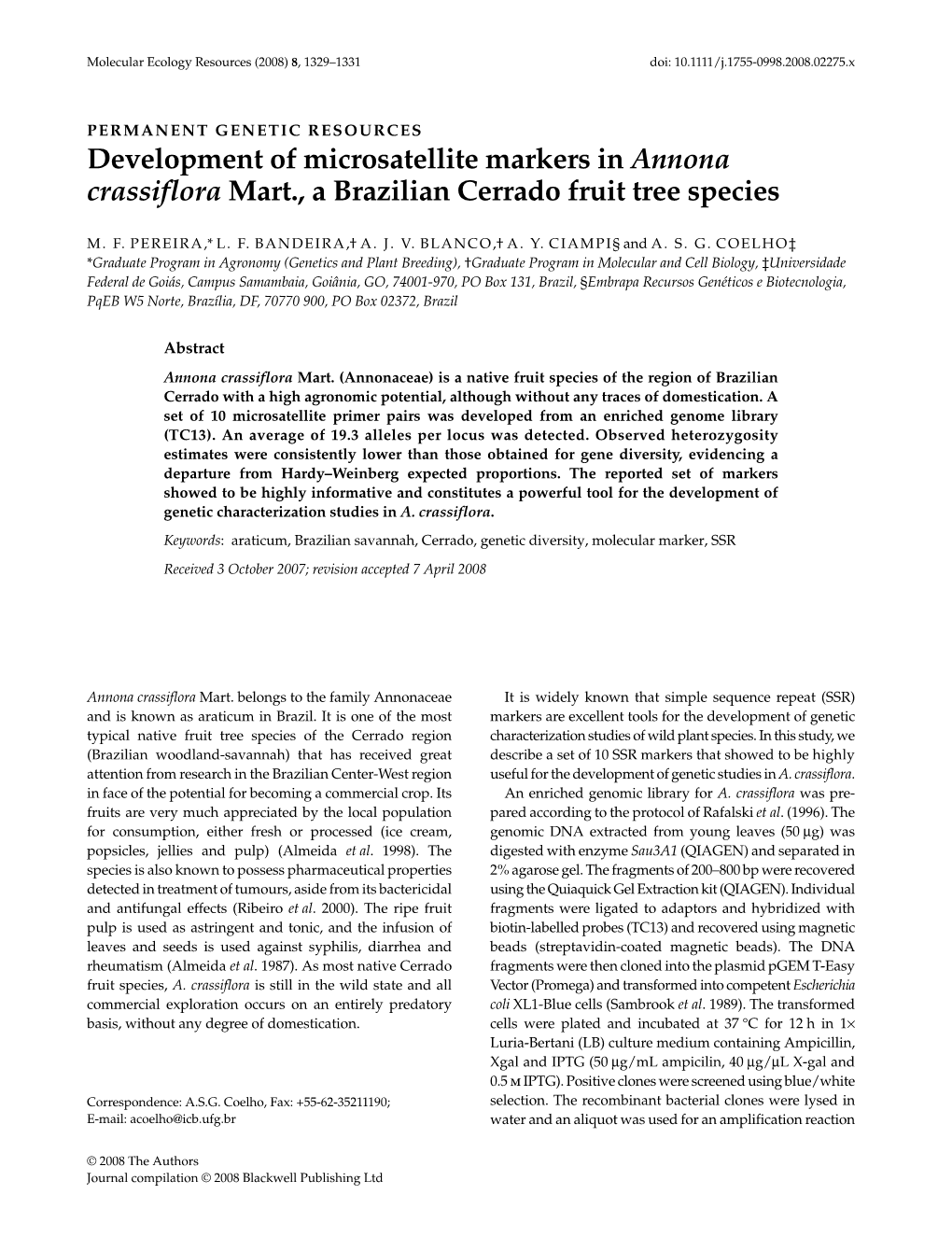 Development of Microsatellite Markers in Annona Crassiflora Mart., a Brazilian Cerrado Fruit Tree Species