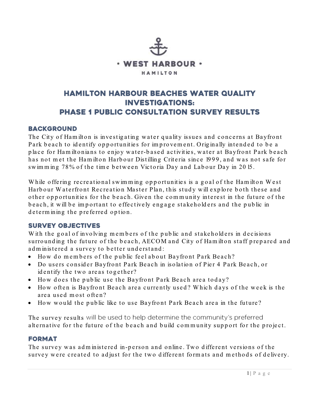 Hamilton Harbour Beaches Water Quality Investigations: Phase 1 Public Consultation Survey Results