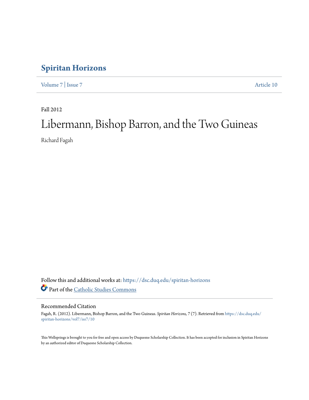 Libermann, Bishop Barron, and the Two Guineas Richard Fagah