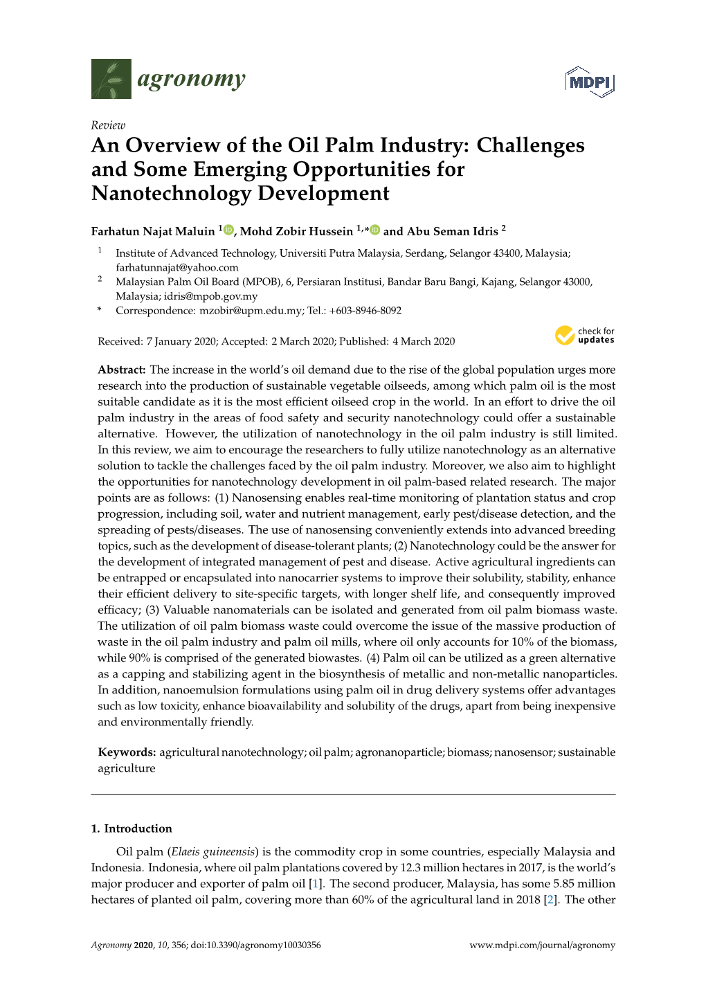 An Overview of the Oil Palm Industry: Challenges and Some Emerging Opportunities for Nanotechnology Development