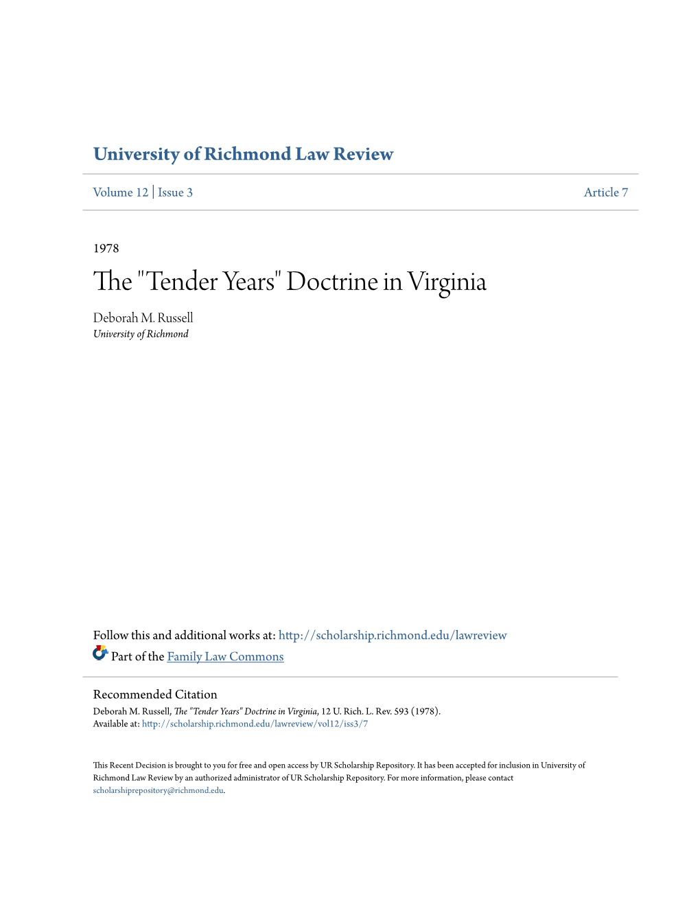 Tender Years" Doctrine in Virginia Deborah M