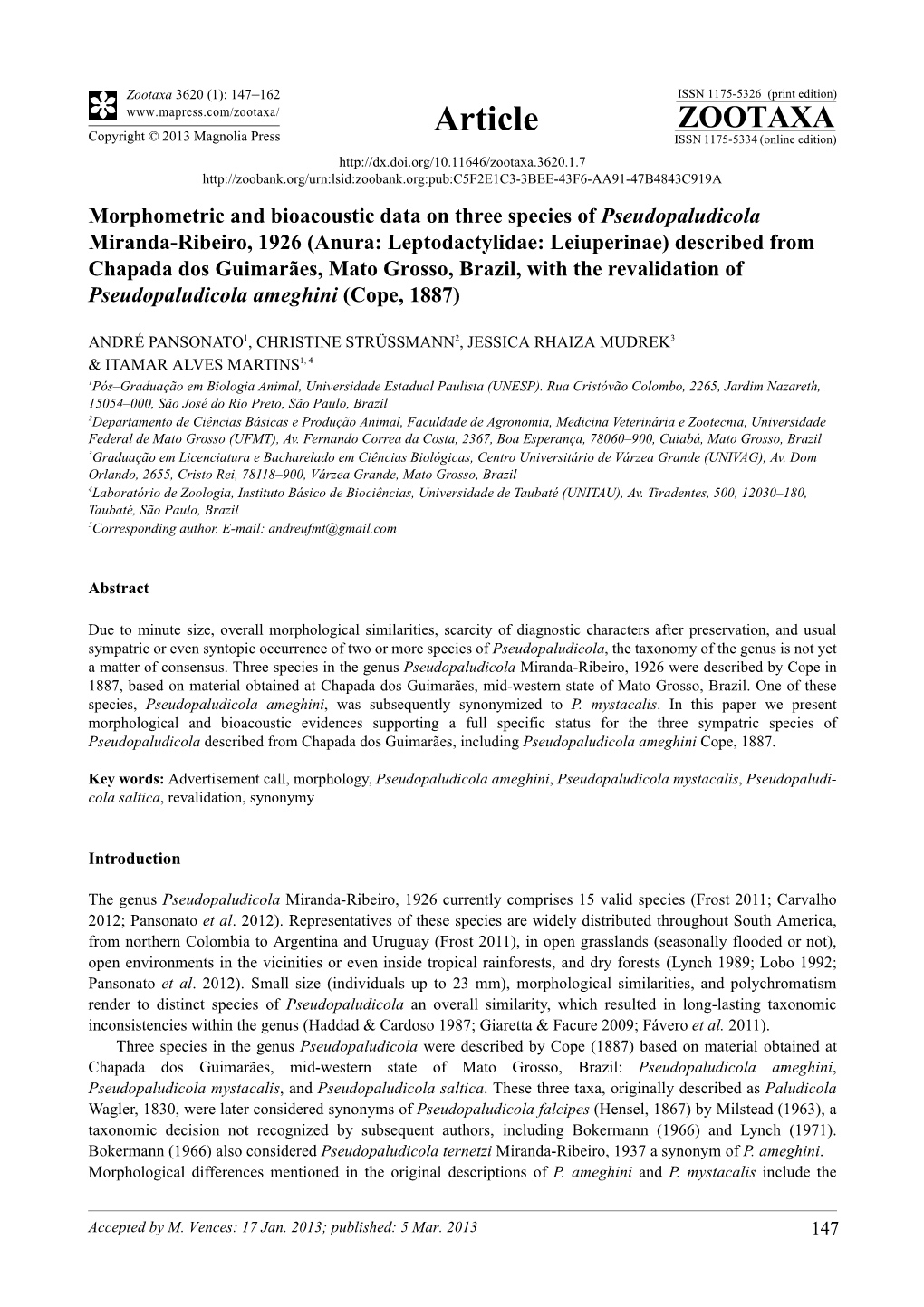 Morphometric and Bioacoustic Data on Three Species Of