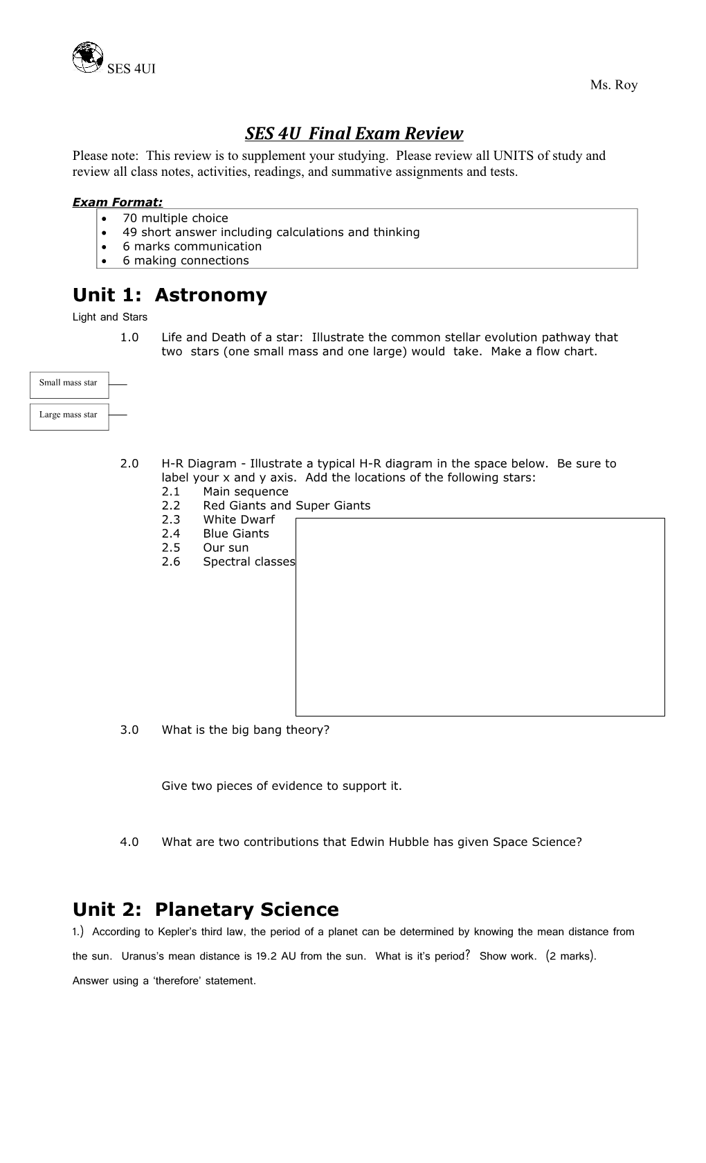 SES 4U Final Exam Review