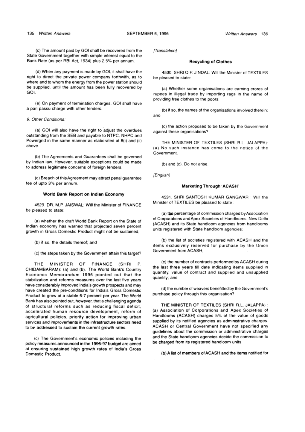 135 Written Answers SEPTEMBER 6, 1996 Written Answers 136 (C) the Amount Paid by GOI Shall Be Recovered from the State Governmen