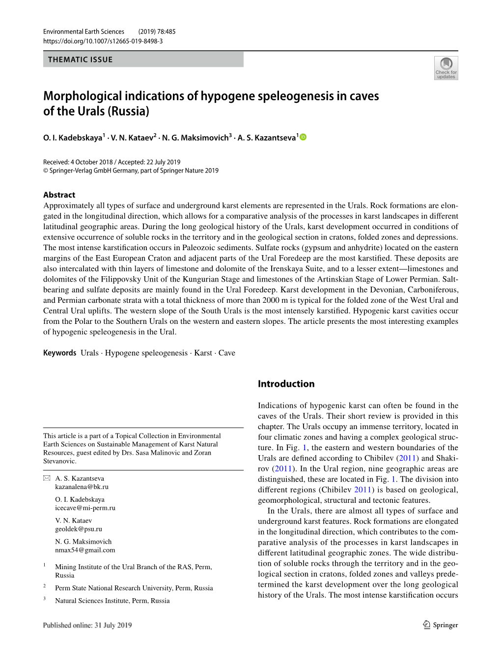 Morphological Indications of Hypogene Speleogenesis in Caves of the Urals (Russia)