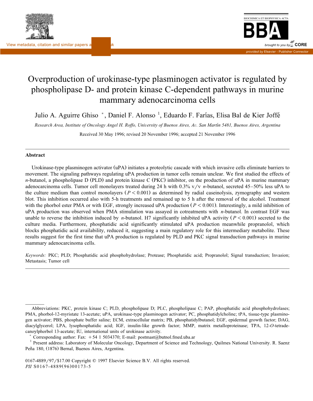 Overproduction of Urokinase-Type Plasminogen Activator Is Regulated by Phospholipase D