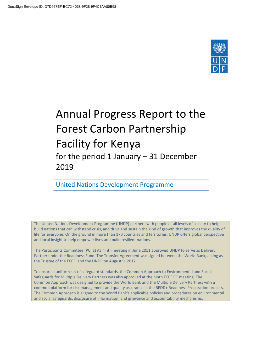 Annual Progress Report to the Forest Carbon Partnership Facility for Kenya