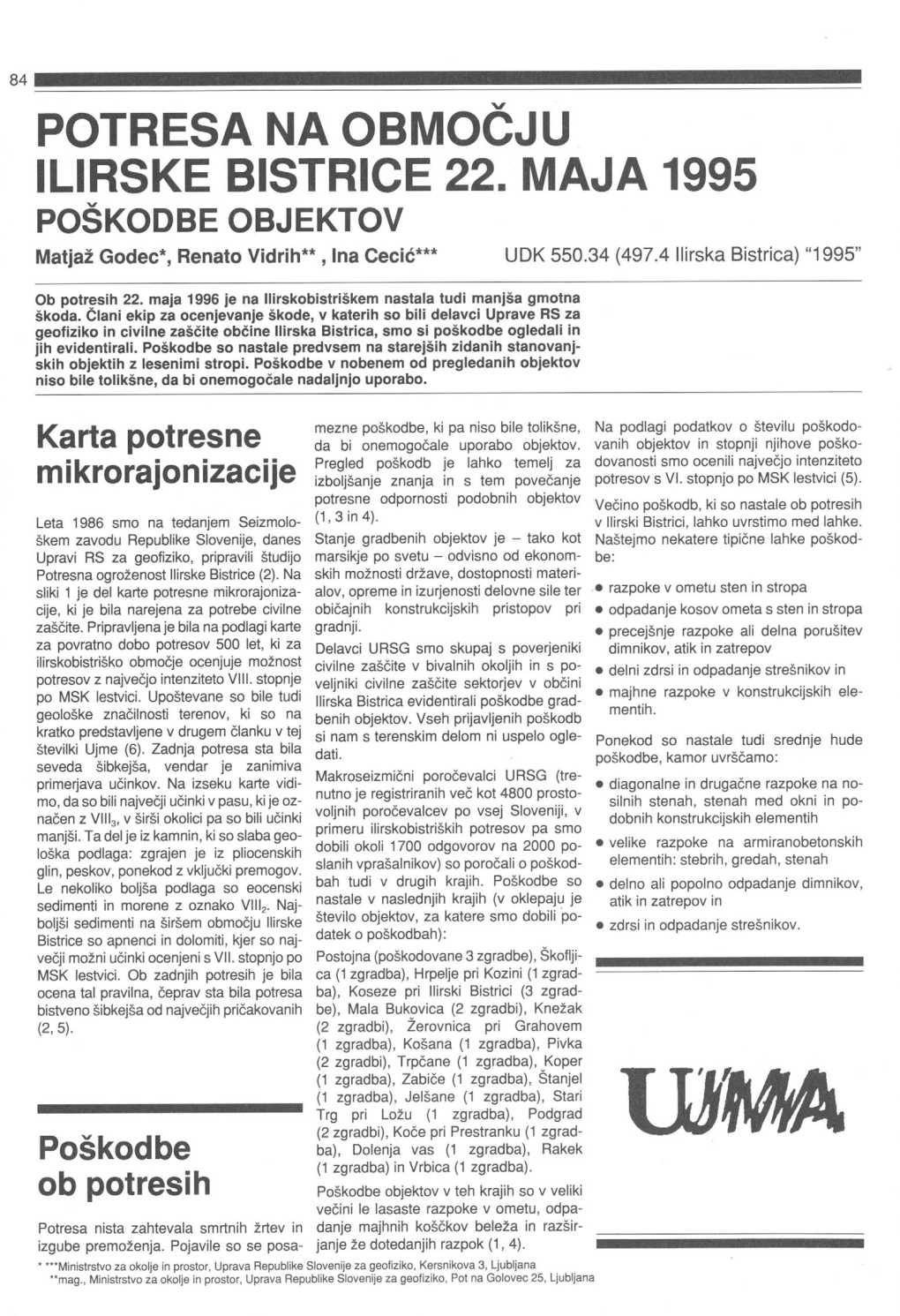 Potresa Na Območju Ilirske Bistrice 22. Maja 1995