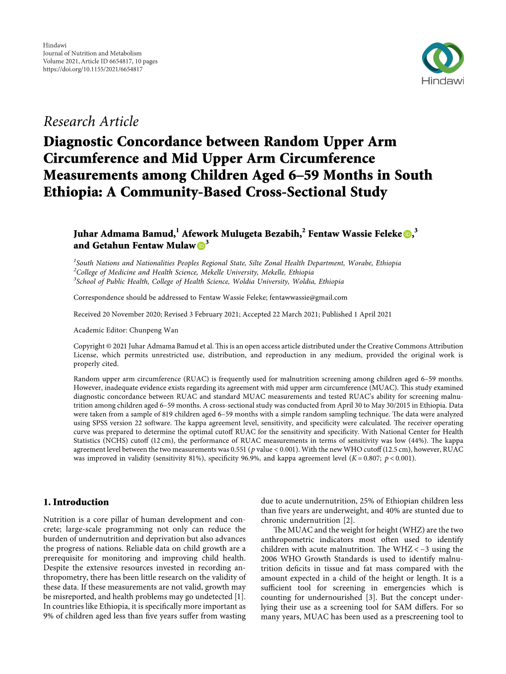 Diagnostic Concordance Between Random Upper Arm Circumference