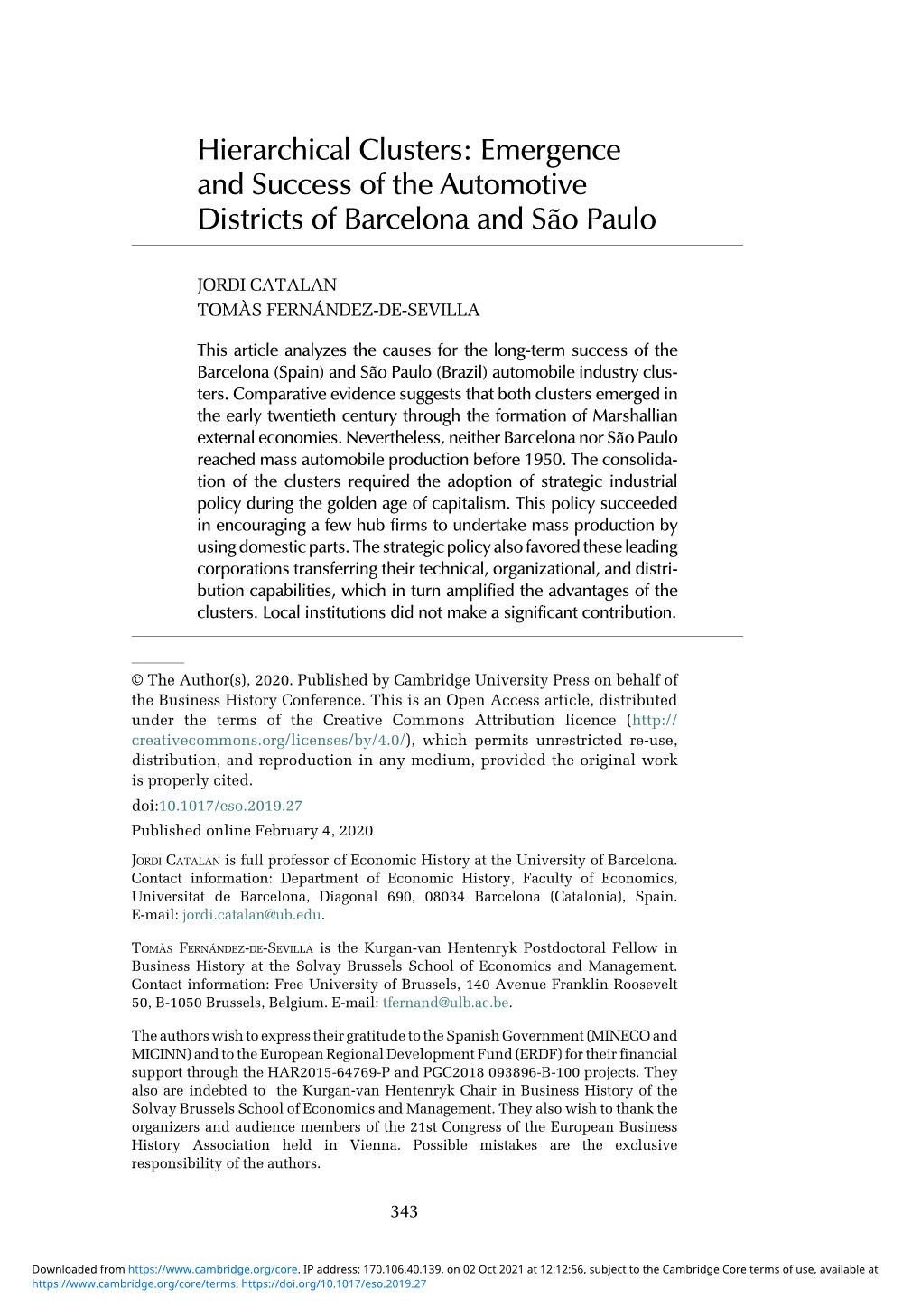 Hierarchical Clusters: Emergence and Success of the Automotive Districts of Barcelona and São Paulo