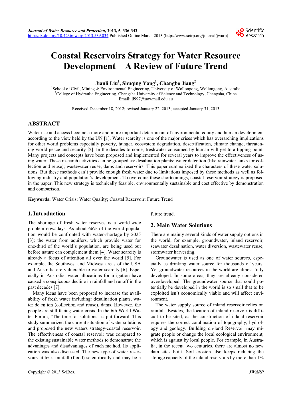 Coastal Reservoirs Strategy for Water Resource Development—A Review of Future Trend