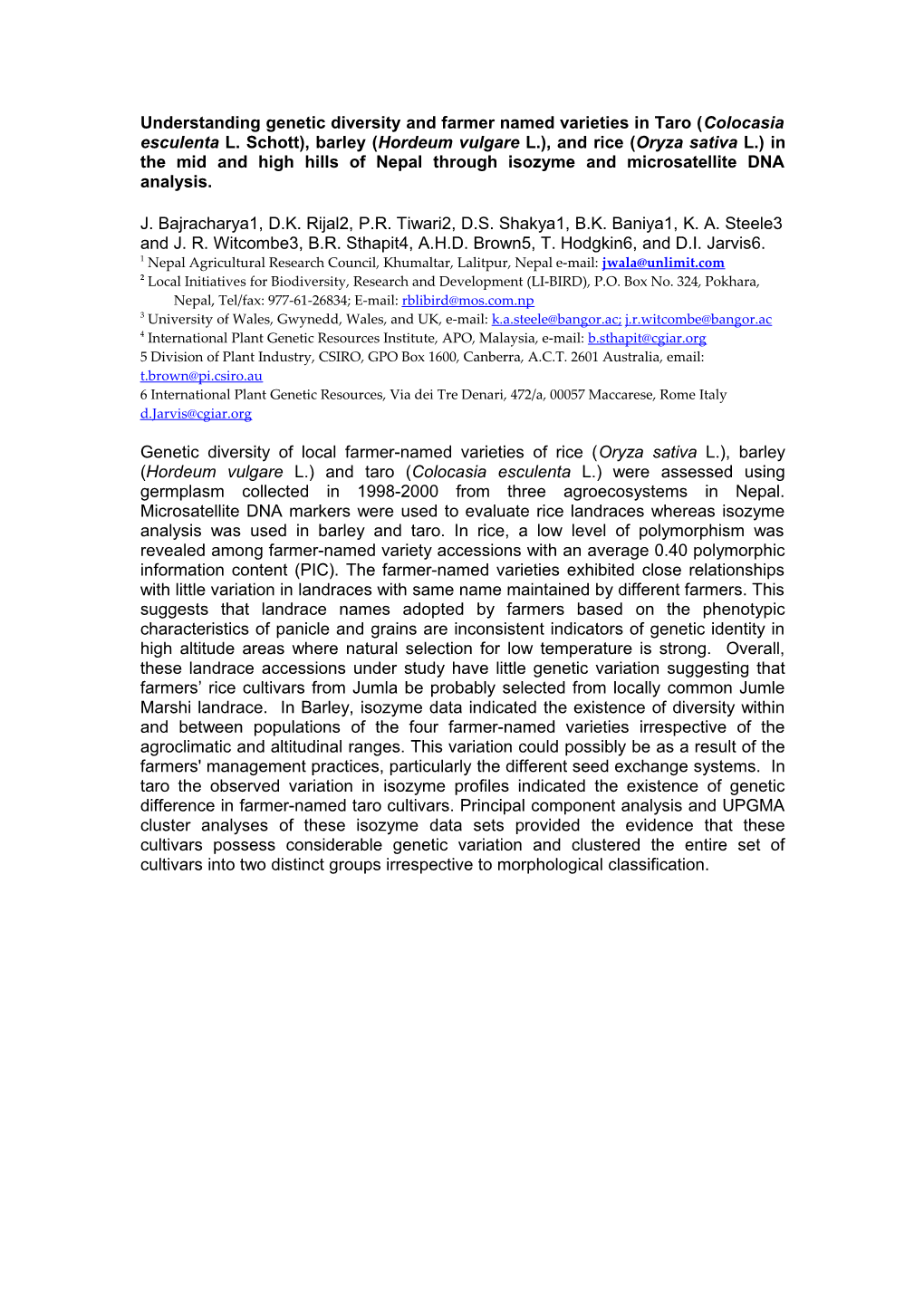 Understanding Genetic Diversity and Farmer Named Varieties in Taro (Colocasia Esculenta L