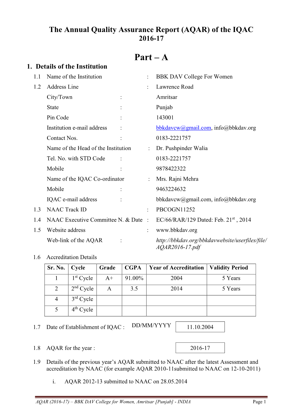 AQAR 2016-17 of the IQAC