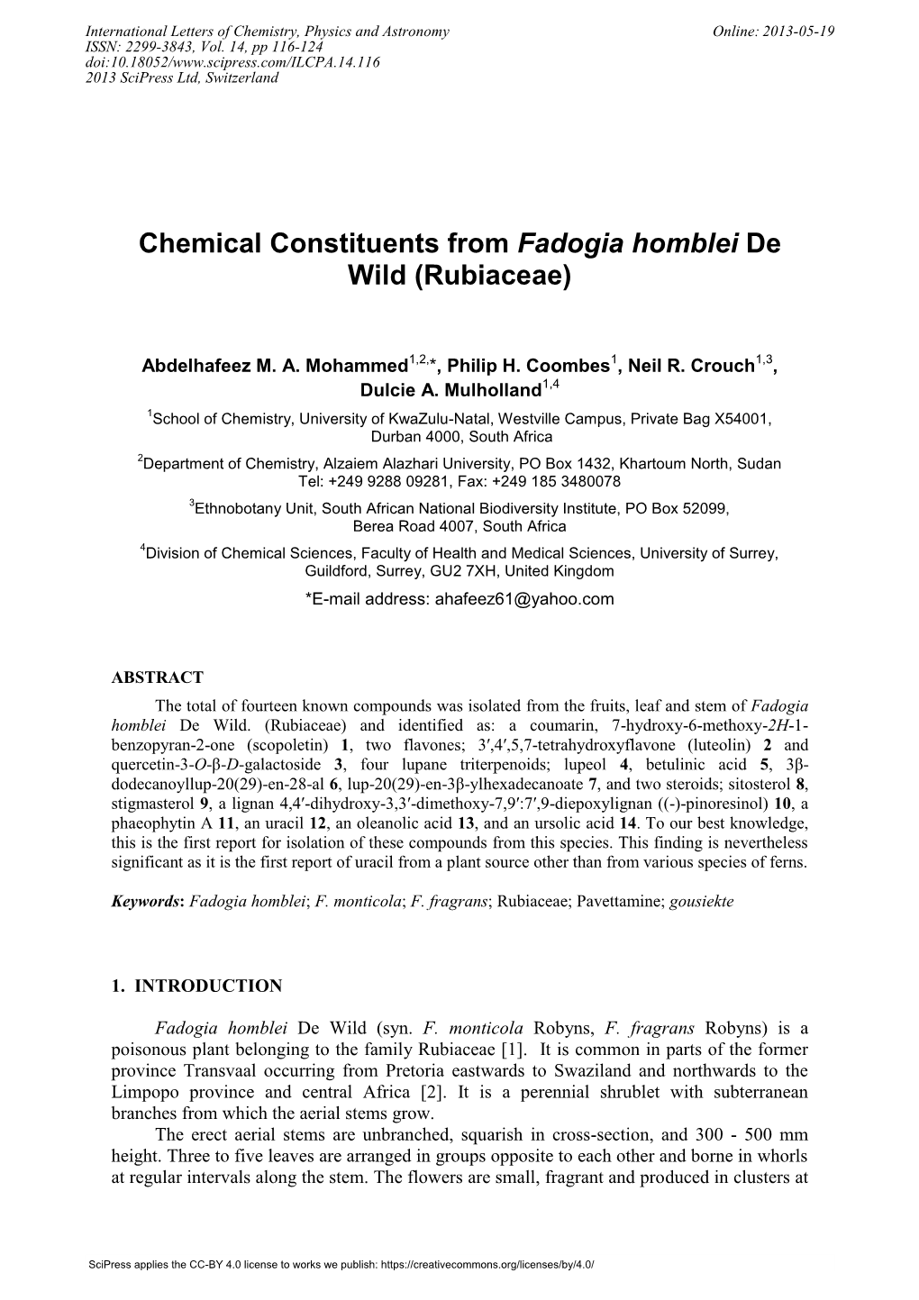 Chemical Constituents from Fadogia Homblei De Wild (Rubiaceae)