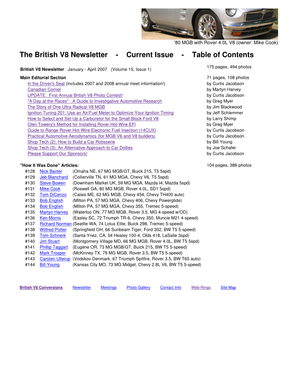 The British V8 Newsletter - Current Issue - Table of Contents
