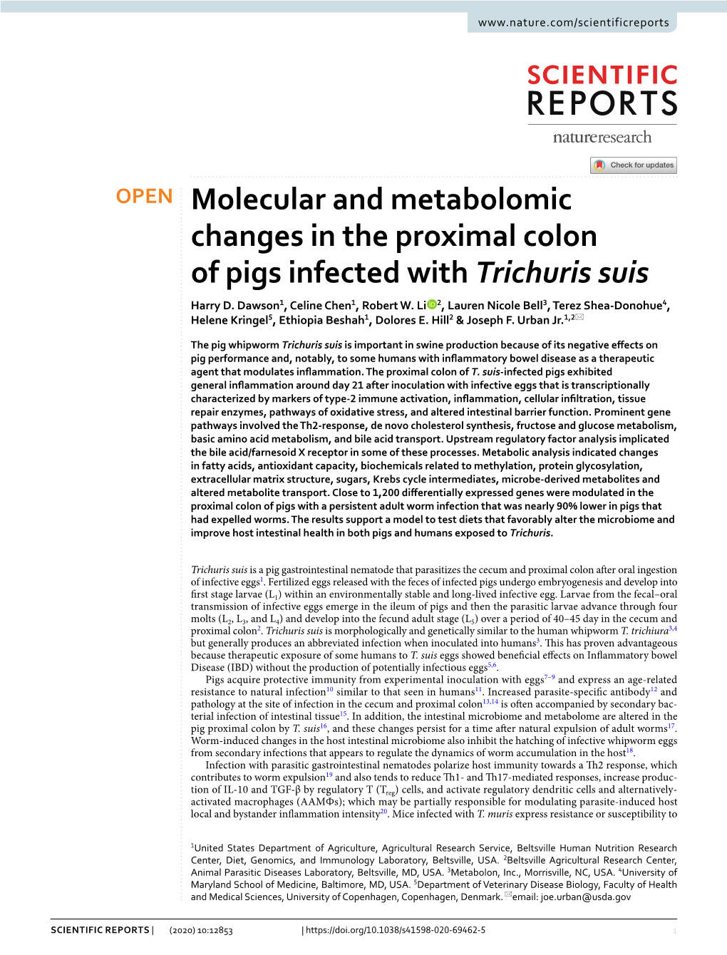 Molecular and Metabolomic Changes in the Proximal Colon of Pigs Infected with Trichuris Suis Harry D
