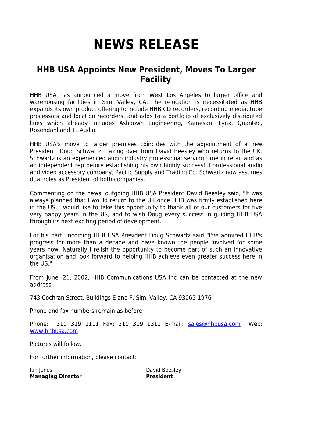 HHB USA Appoints New President, Moves to Larger Facility