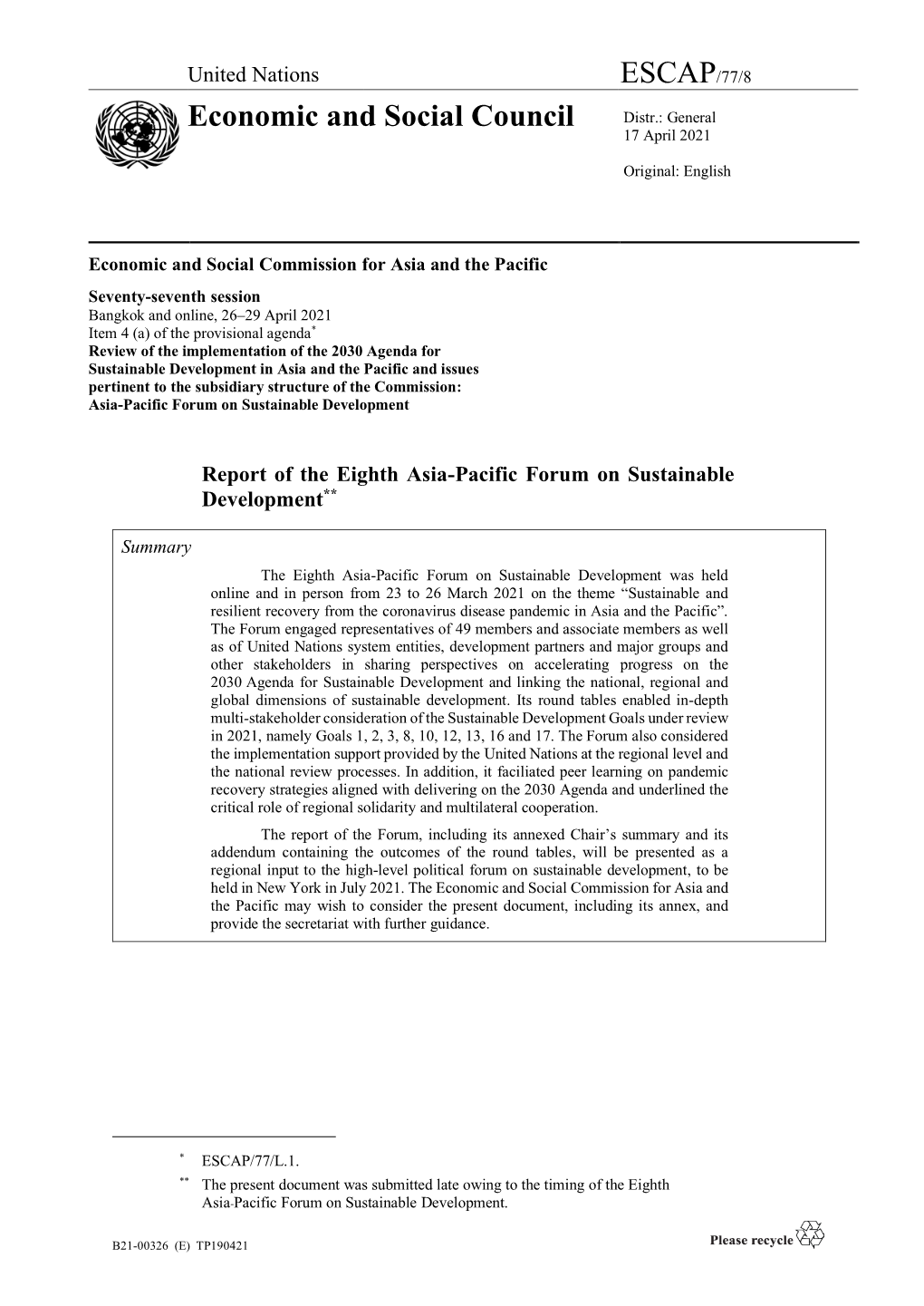 Report of the Eighth Asia-Pacific Forum on Sustainable Development**