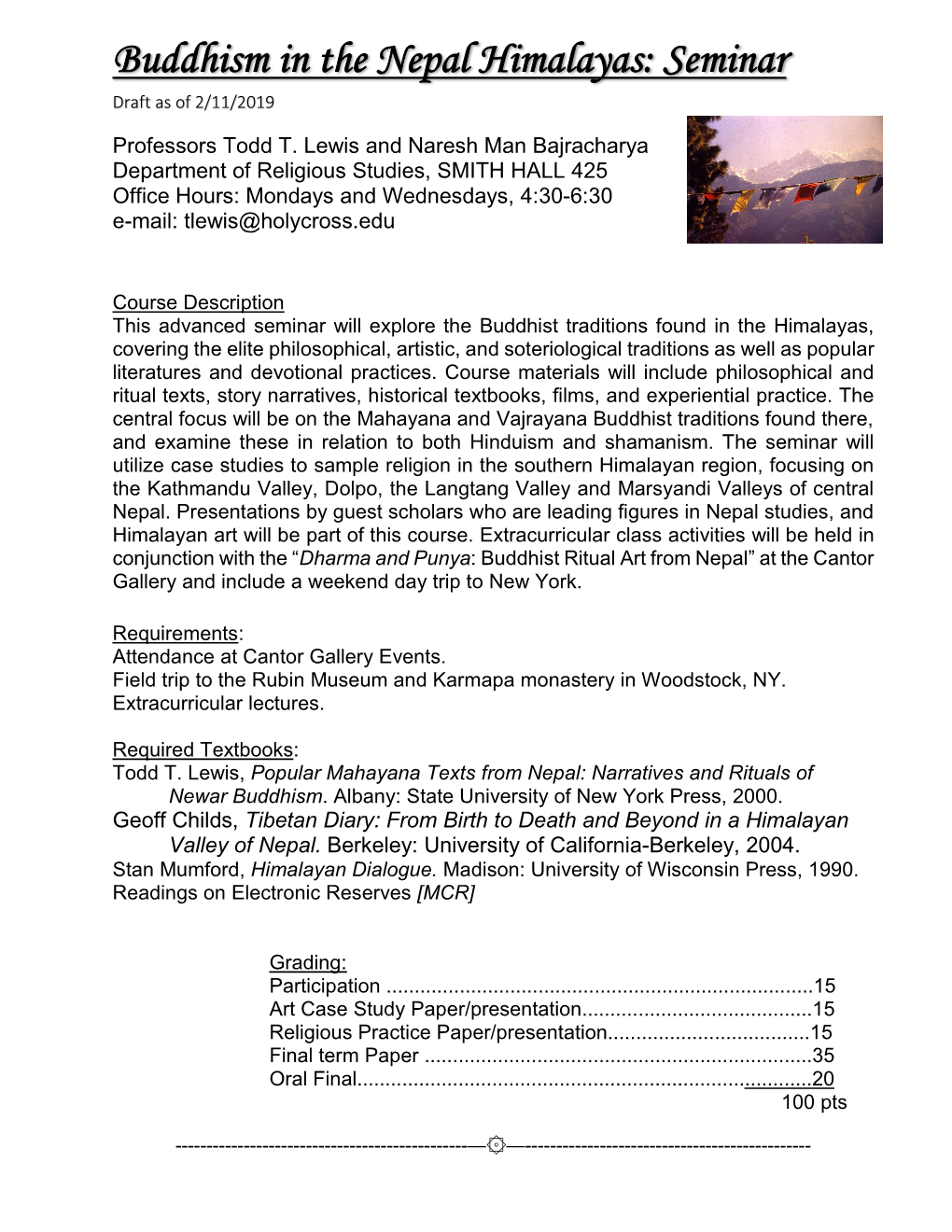 Buddhism in the Nepal Himalayas: Seminar Draft As of 2/11/2019