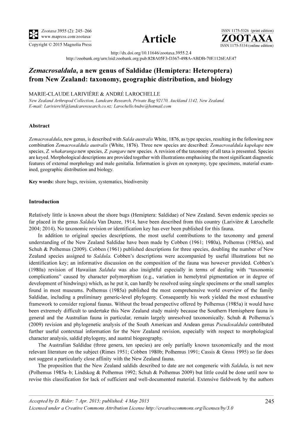 Zemacrosaldula, a New Genus of Saldidae (Hemiptera: Heteroptera) from New Zealand: Taxonomy, Geographic Distribution, and Biology