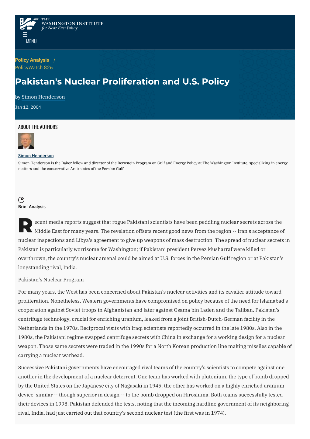Pakistan's Nuclear Proliferation and U.S. Policy | the Washington