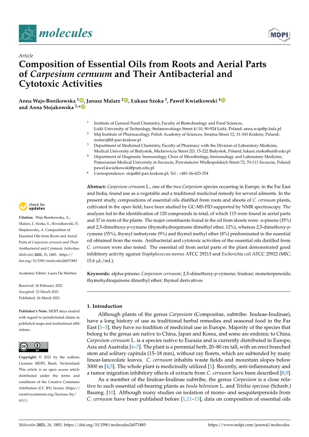 Composition of Essential Oils from Roots and Aerial Parts of Carpesium Cernuum and Their Antibacterial and Cytotoxic Activities