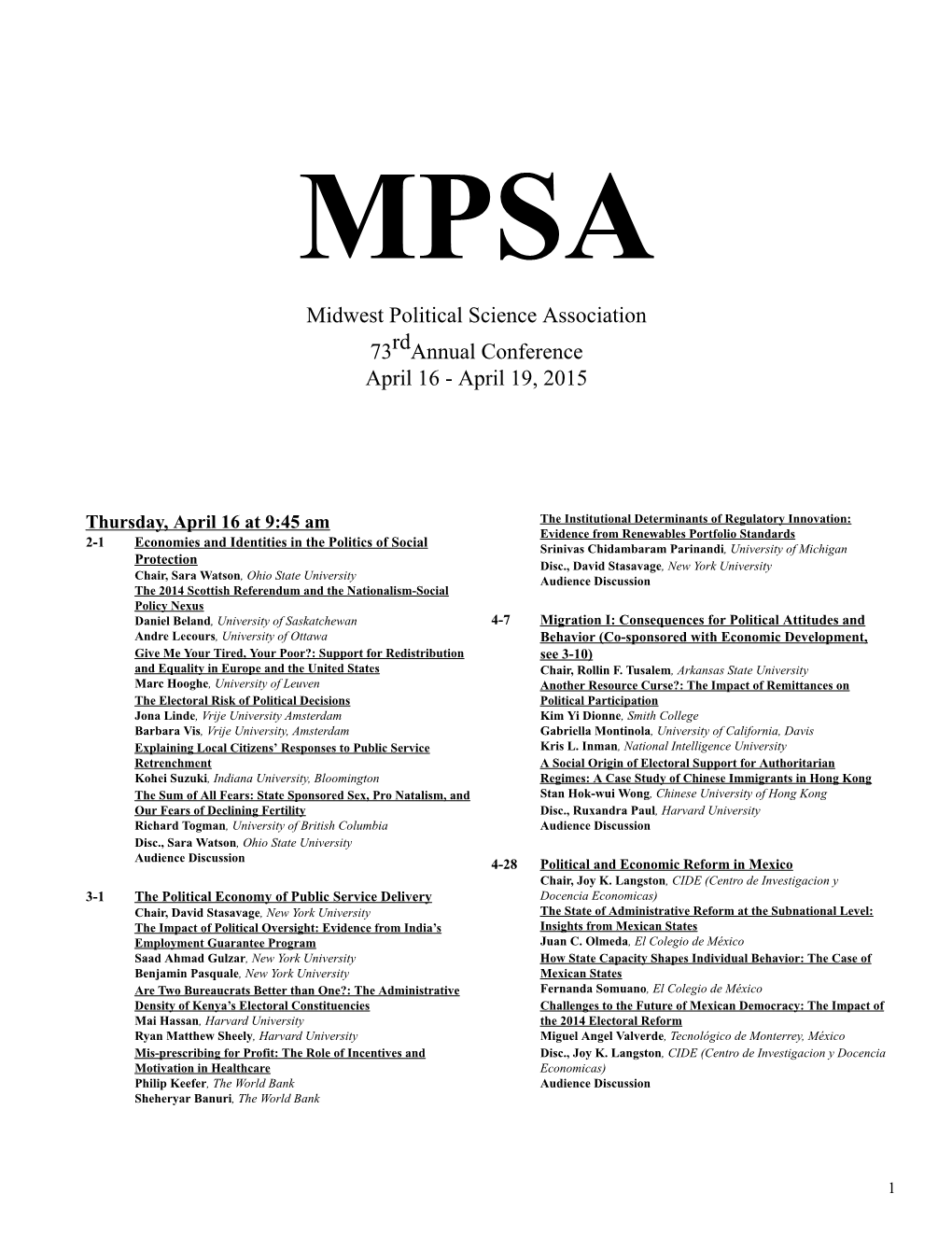 Midwest Political Science Association 73Rdannual Conference April 16 - April 19, 2015