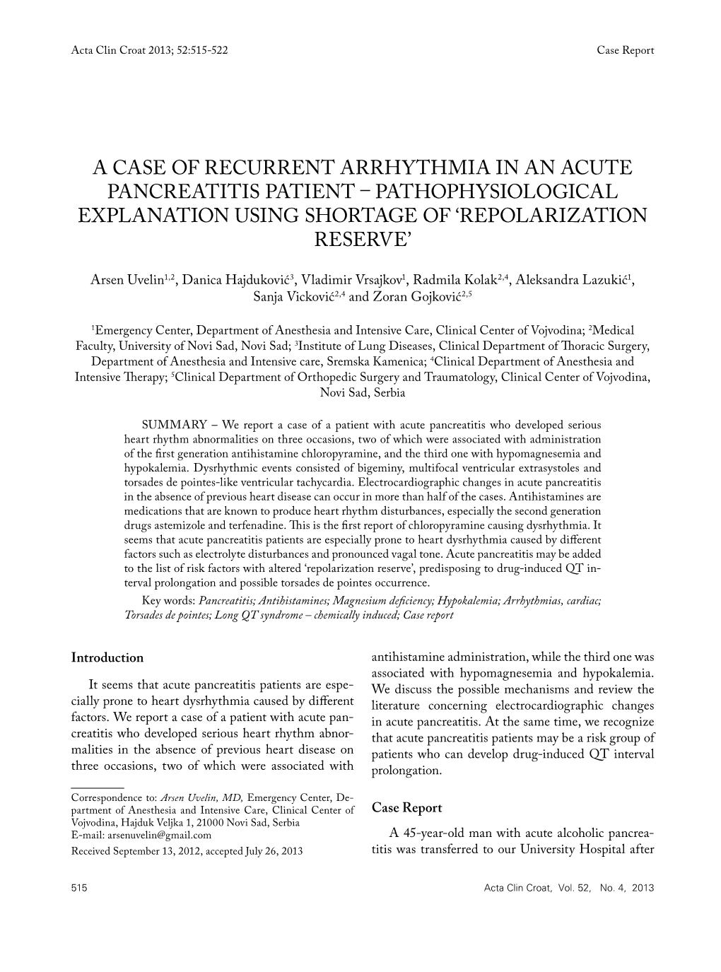A Case of Recurrent Arrhythmia in an Acute Pancreatitis Patient – Pathophysiological Explanation Using Shortage of ‘Repolarization Reserve’