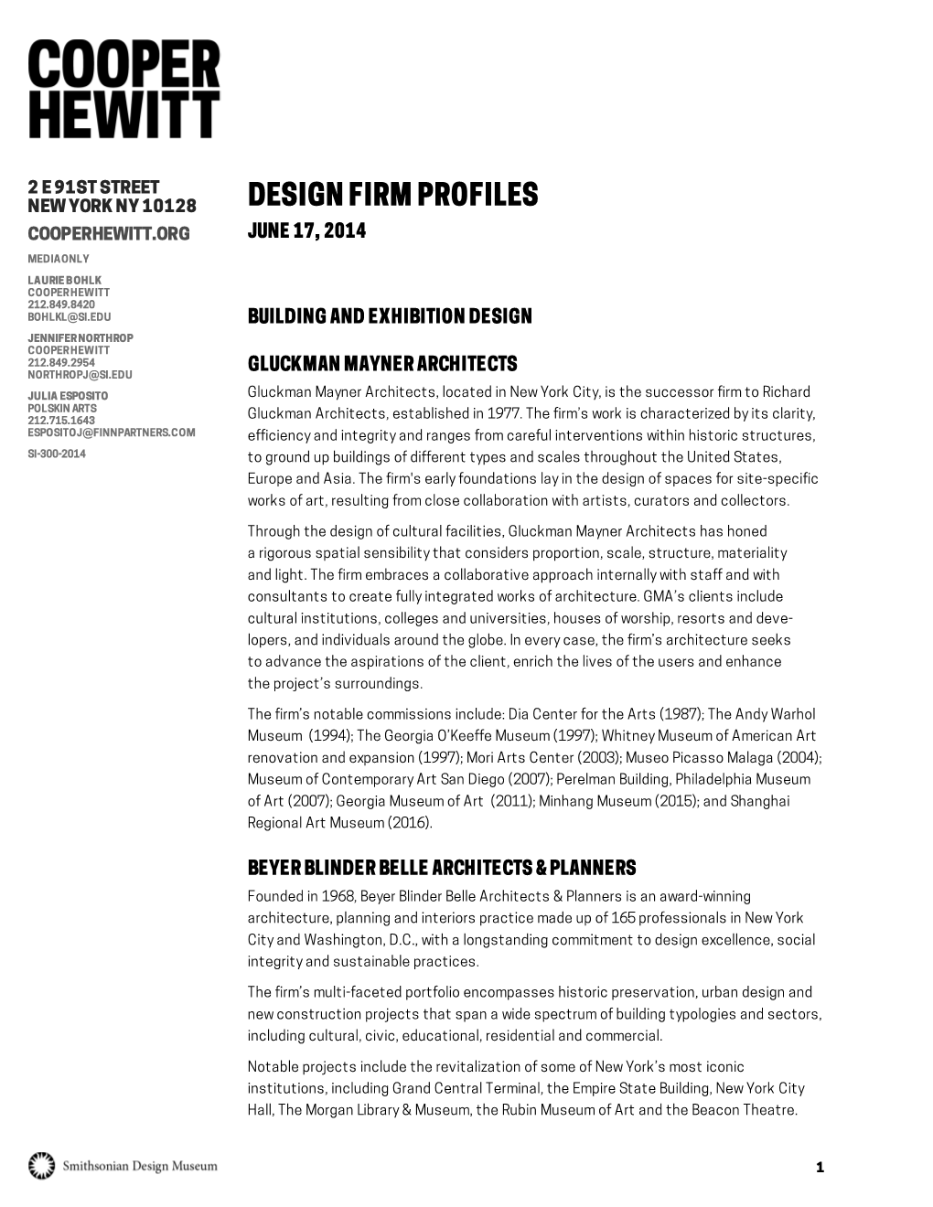 DESIGN FIRM PROFILES COOPERHEWITT.ORG June 17, 2014 MEDIA ONLY