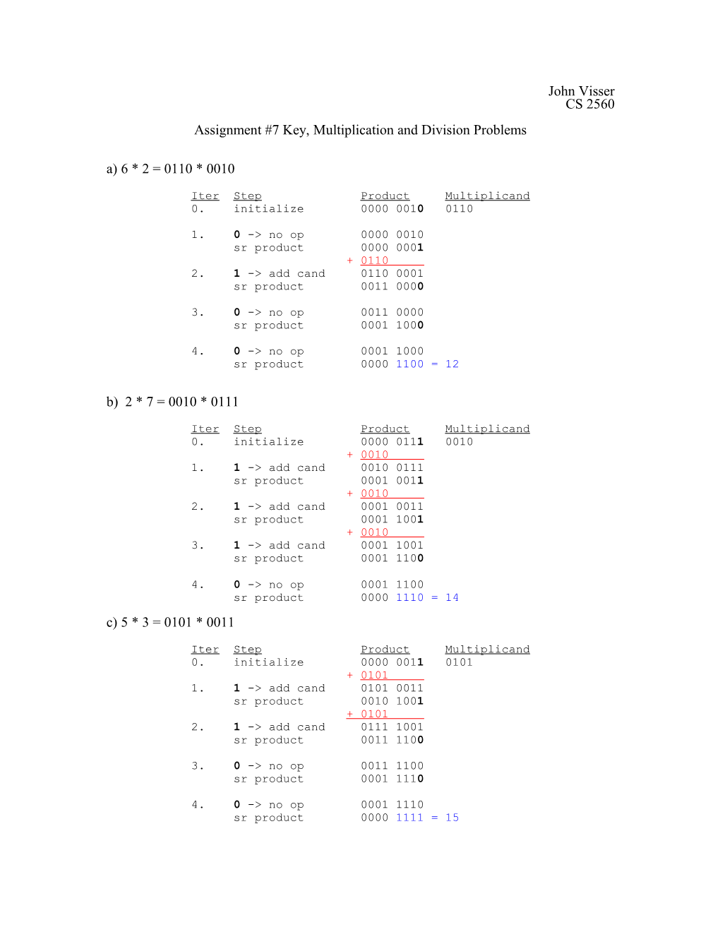 Assignment #7 Key, Multiplication and Division Problems