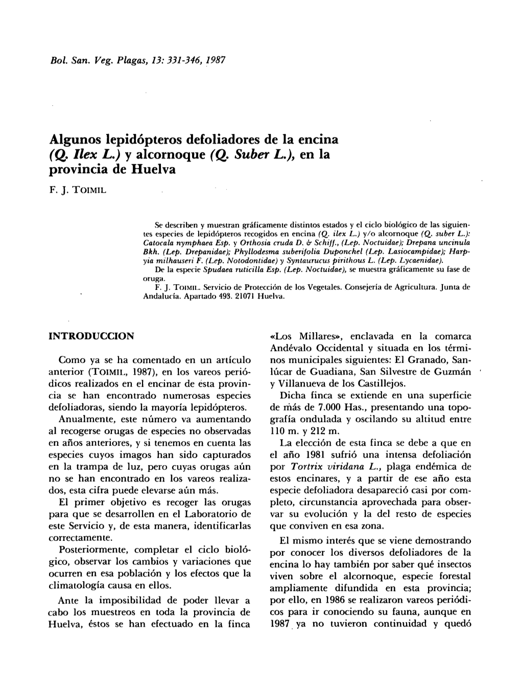 Algunos Lepidópteros Defoliadores De La Encina (Q. Ilex L.) Y Alcornoque (Q