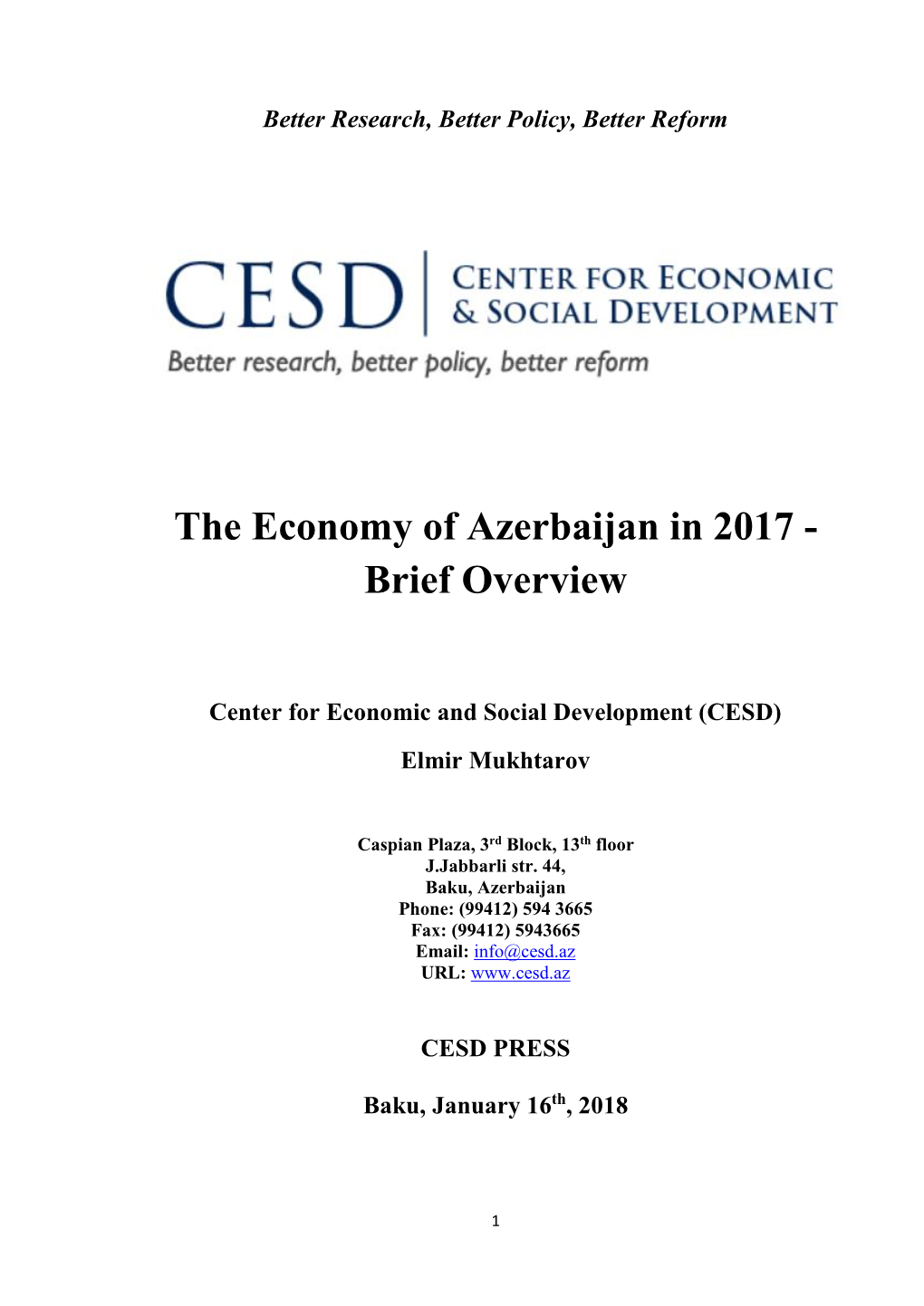 The Economy of Azerbaijan in 2017 - Brief Overview