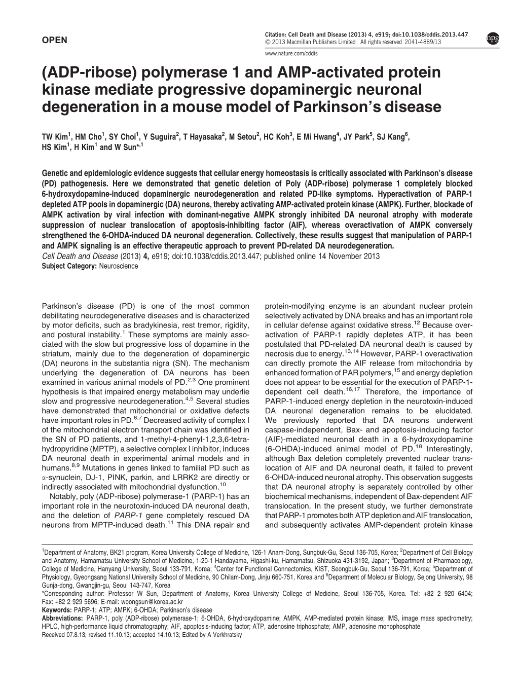 ADP-Ribose) Polymerase 1 and AMP-Activated Protein Kinase Mediate Progressive Dopaminergic Neuronal Degeneration in a Mouse Model of Parkinson’S Disease