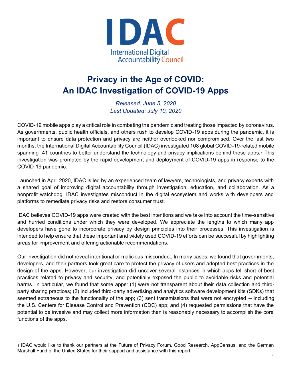 An IDAC Investigation of COVID-19 Apps