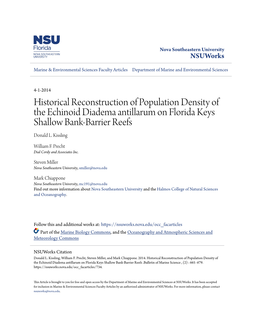 Historical Reconstruction of Population Density of the Echinoid Diadema Antillarum on Florida Keys Shallow Bank-Barrier Reefs Donald L
