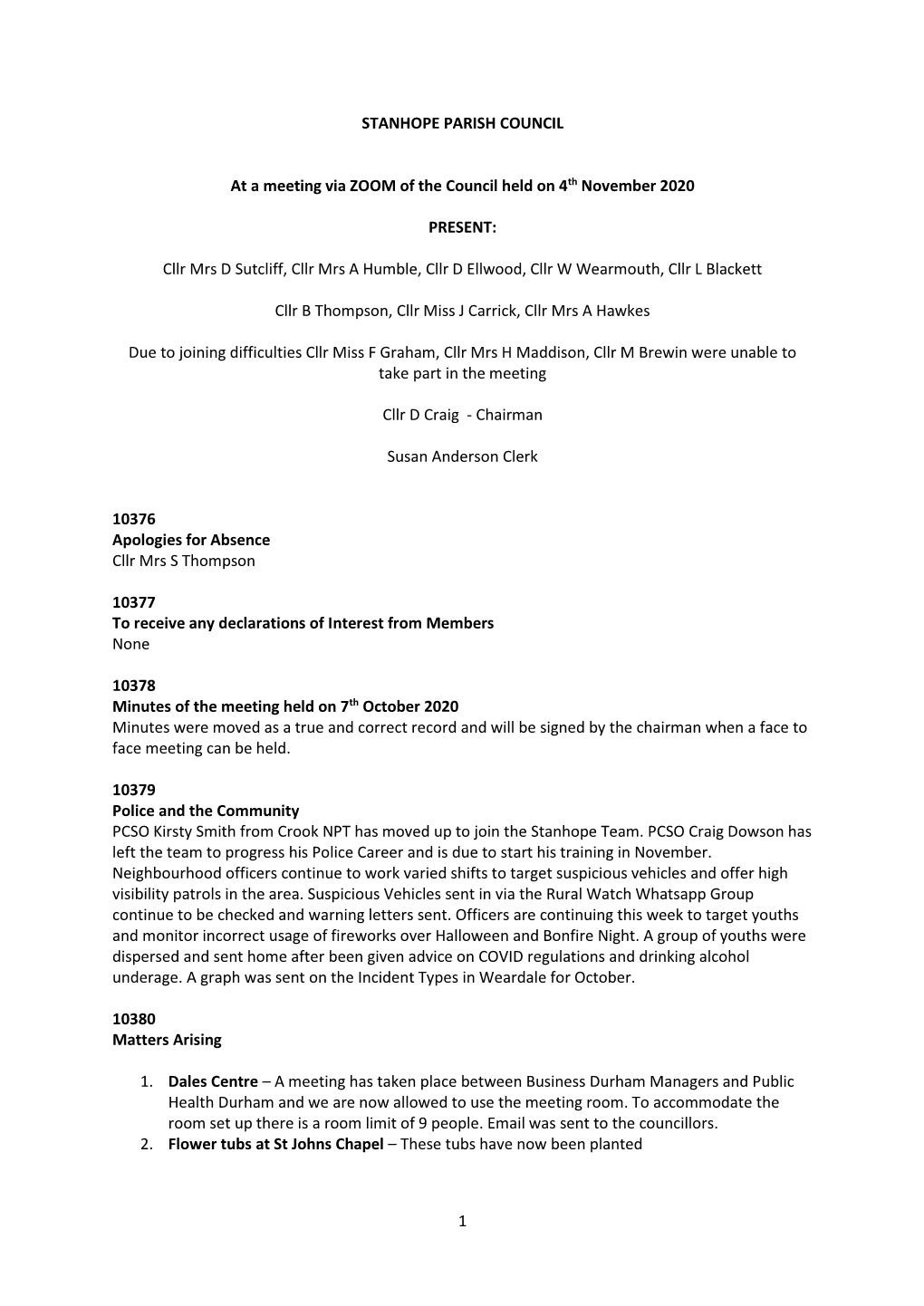 1 STANHOPE PARISH COUNCIL at a Meeting Via ZOOM of the Council Held on 4Th November 2020 PRESENT: Cllr Mrs D Sutcliff, Cllr
