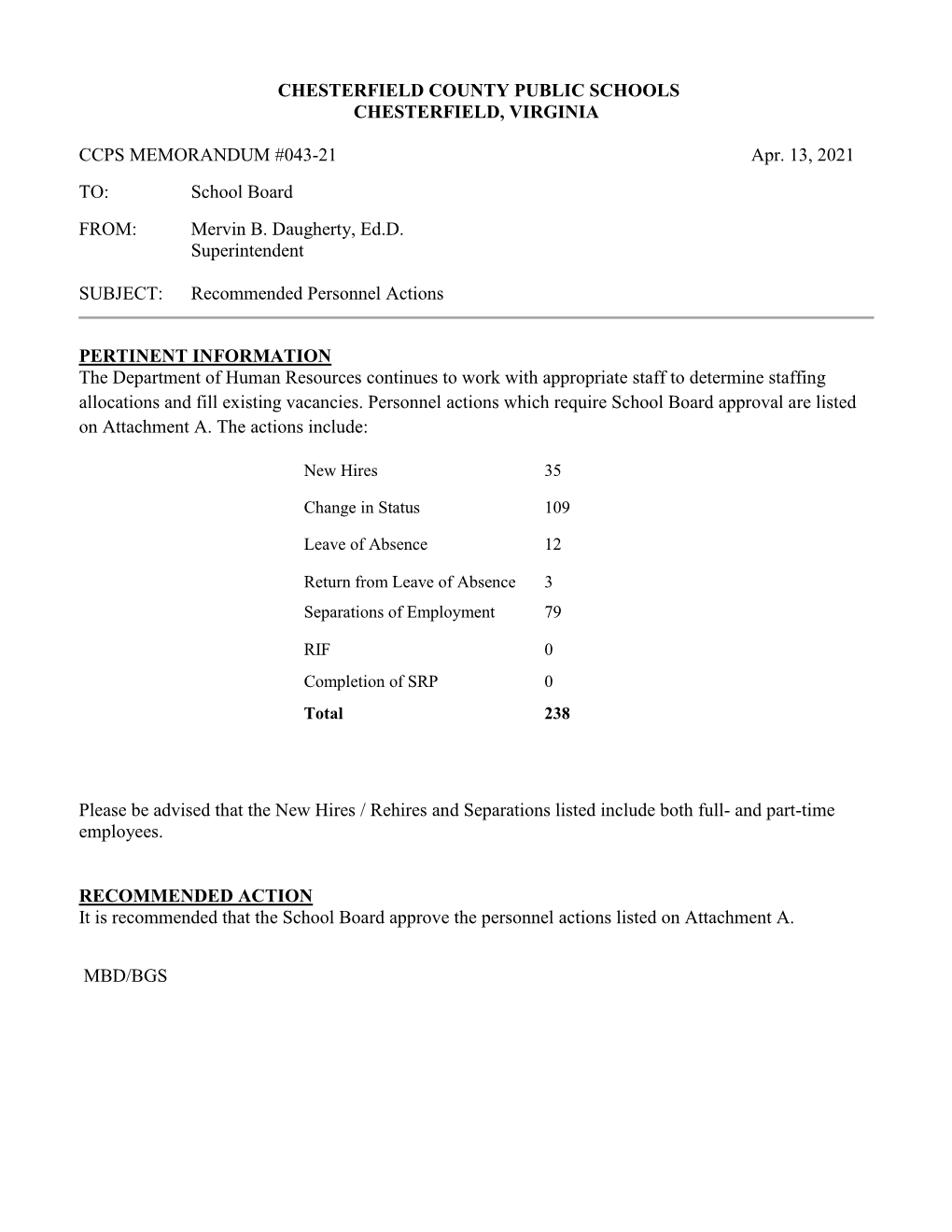 CHESTERFIELD COUNTY PUBLIC SCHOOLS CHESTERFIELD, VIRGINIA CCPS MEMORANDUM #043-21 Apr. 13, 2021 TO