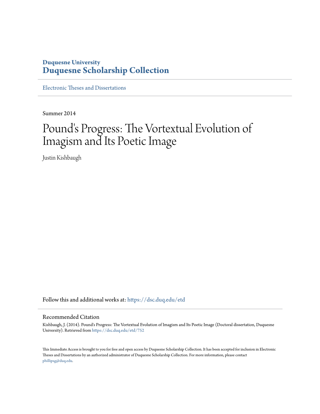 Pound's Progress: the Vortextual Evolution of Imagism and Its Poetic