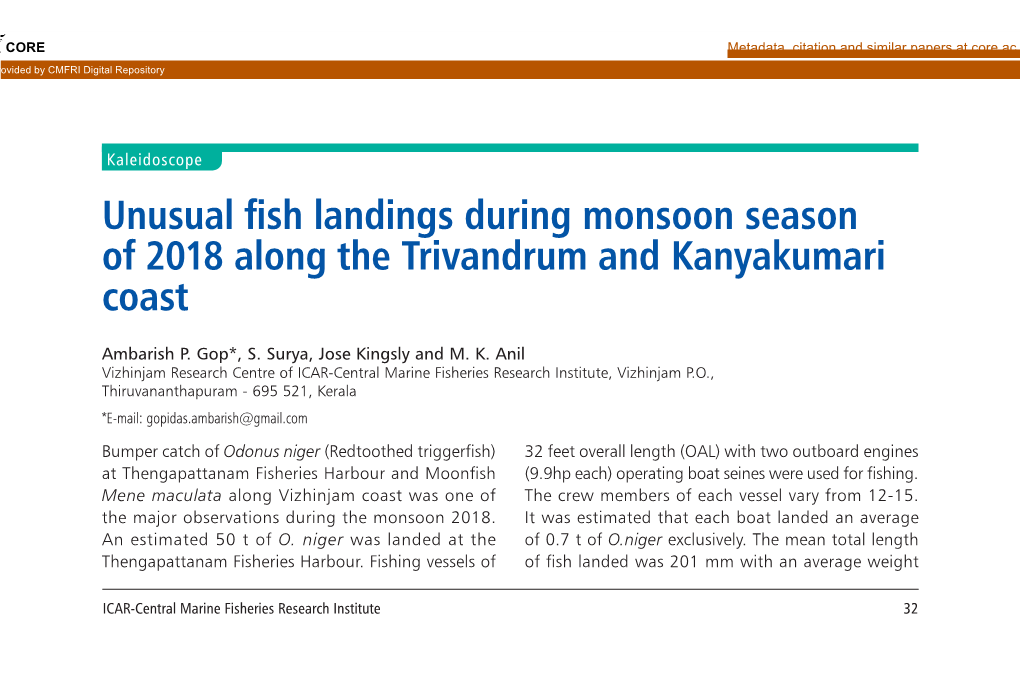 Unusual Fish Landings During Monsoon Season of 2018 Along the Trivandrum and Kanyakumari Coast