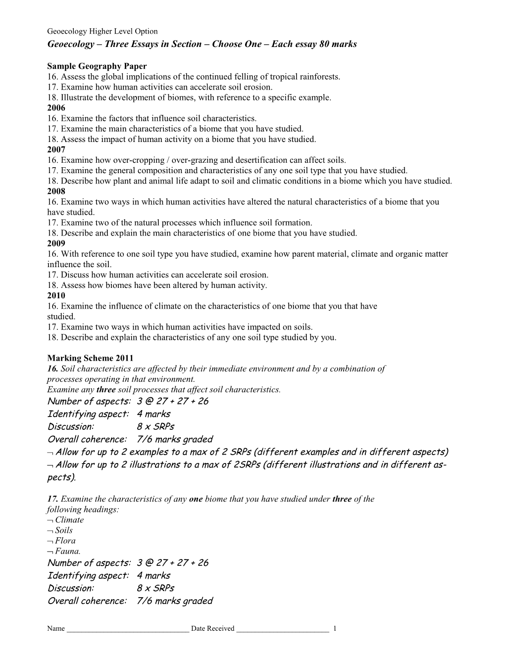 Geoecology – Three Essays In Section – Choose One – Each Essay 80 Marks