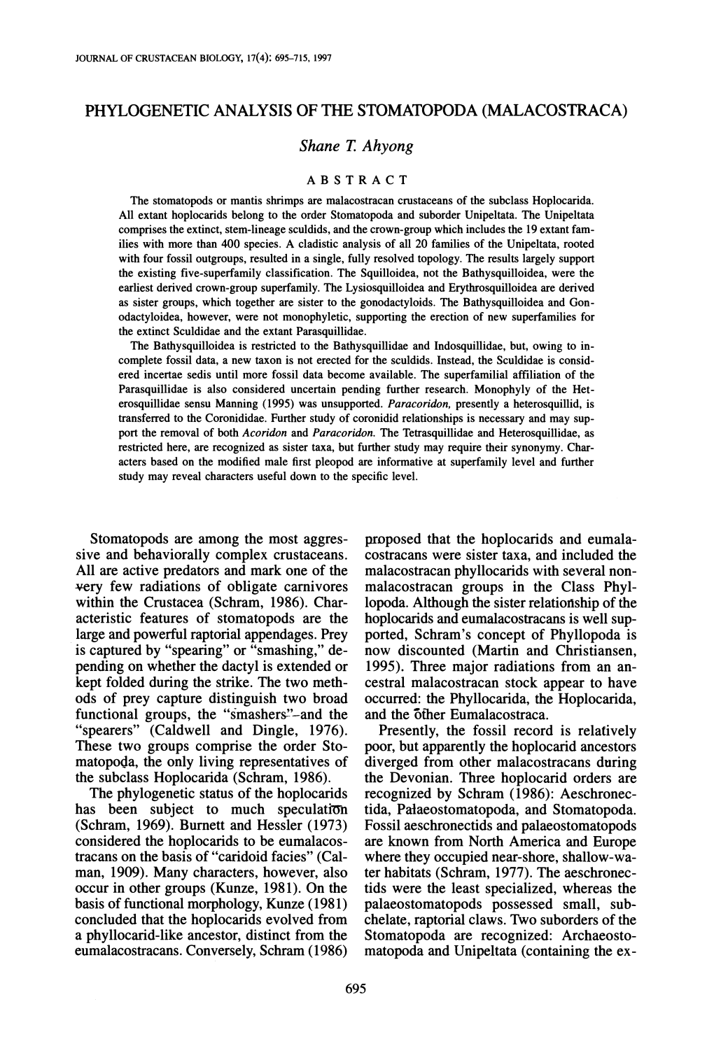 Phylogenetic Analysis of the Stomatopoda (Malacostraca)