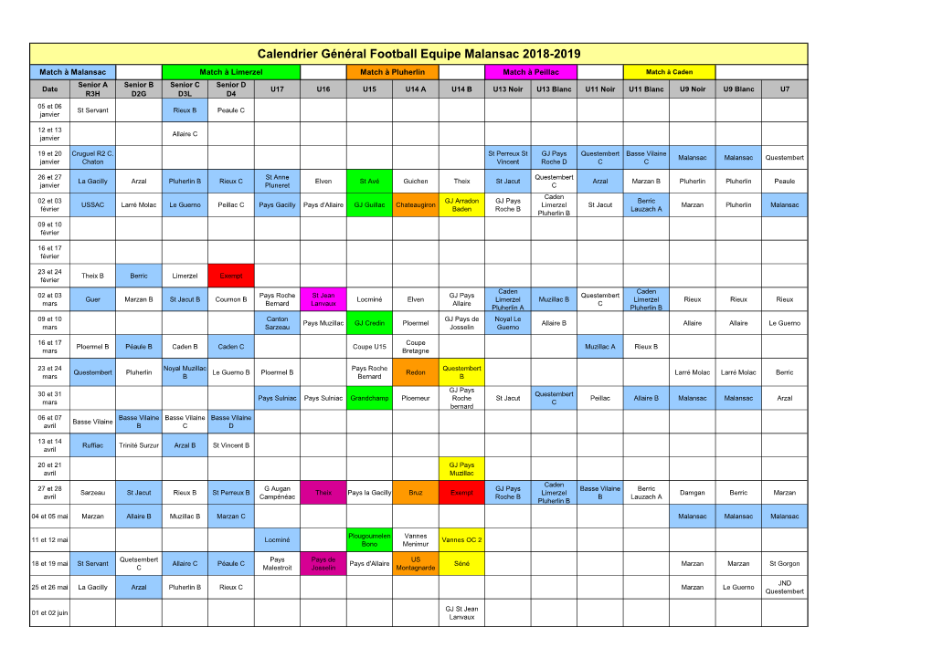 Calendrier Général Football Equipe Malansac 2018-2019