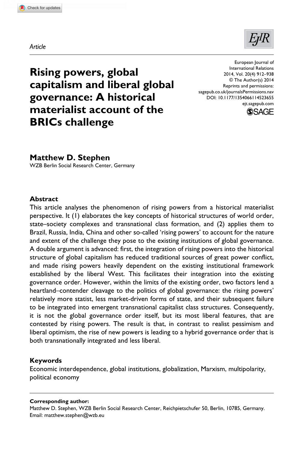 Rising Powers, Global Capitalism and Liberal Global Governance