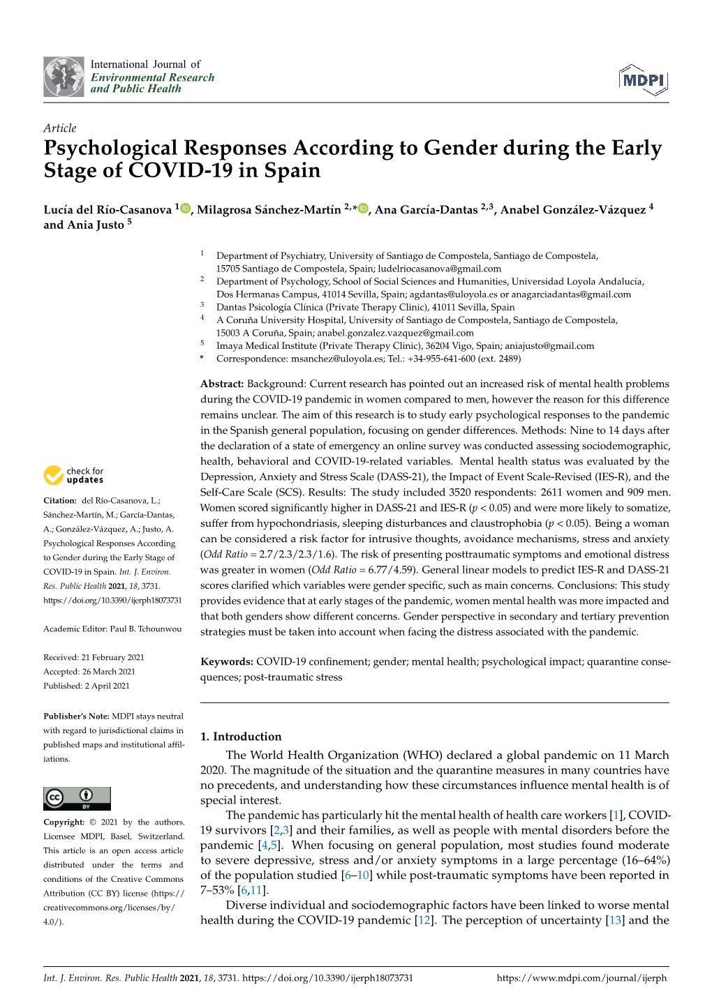 Psychological Responses According to Gender During the Early Stage of COVID-19 in Spain